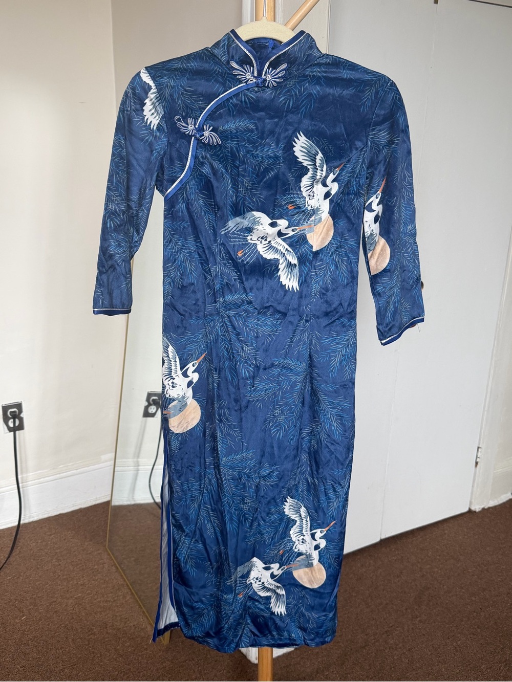 Blue Crane Print Chinese Qipao Cheongsam Dress